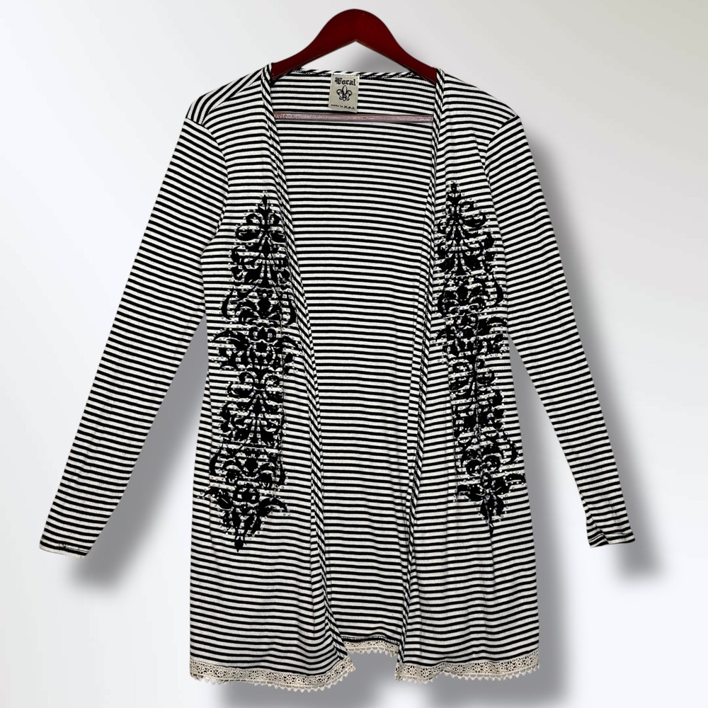 Vocal Women's Open Front Cardigan Size S Gray Striped Sequin Boho Goth